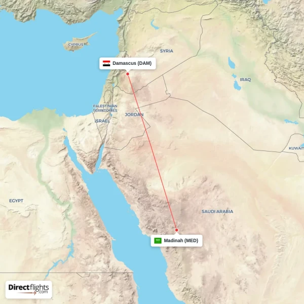 Damascus - Madinah direct flight map