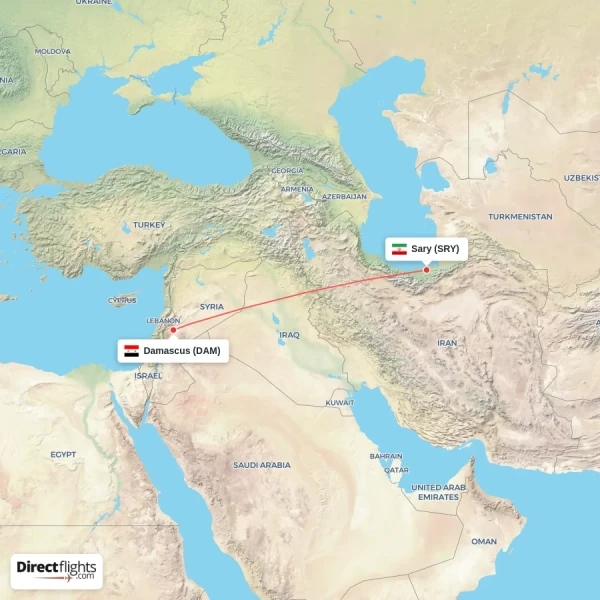 Damascus - Sary direct flight map