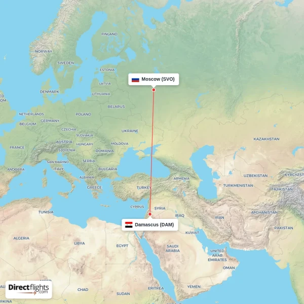 Damascus - Moscow direct flight map