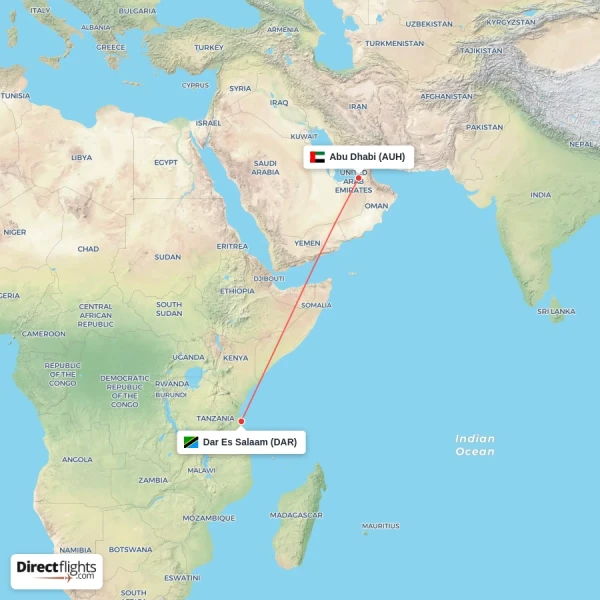 Dar Es Salaam - Abu Dhabi direct flight map