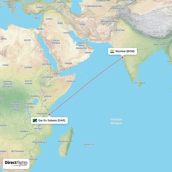Dar Es Salaam - Mumbai direct flight map