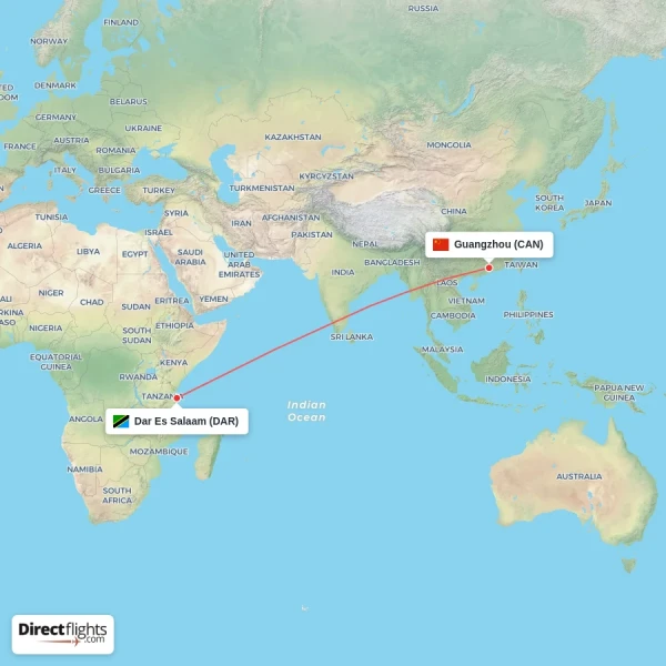 Dar Es Salaam - Guangzhou direct flight map