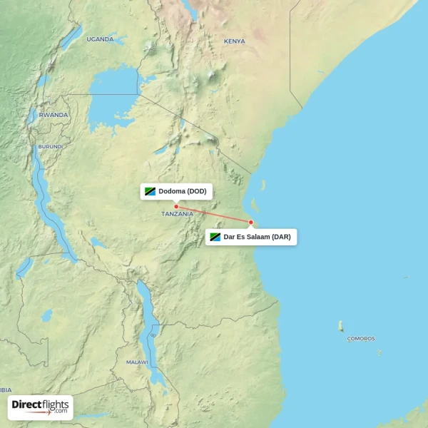 Dar Es Salaam - Dodoma direct flight map