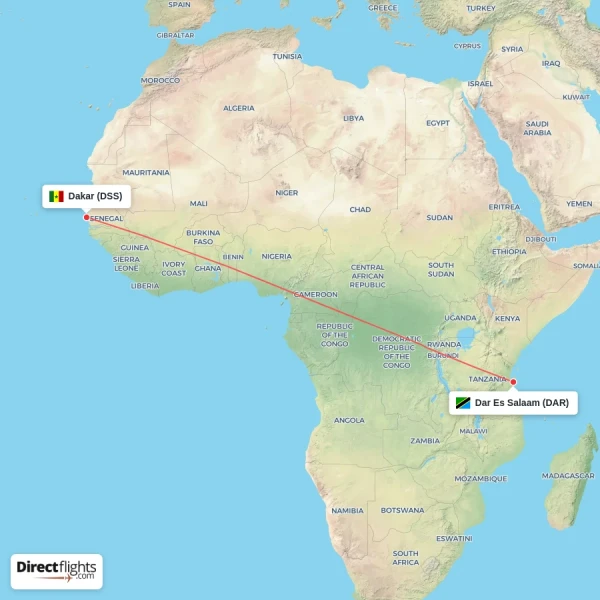 Dar Es Salaam - Dakar direct flight map