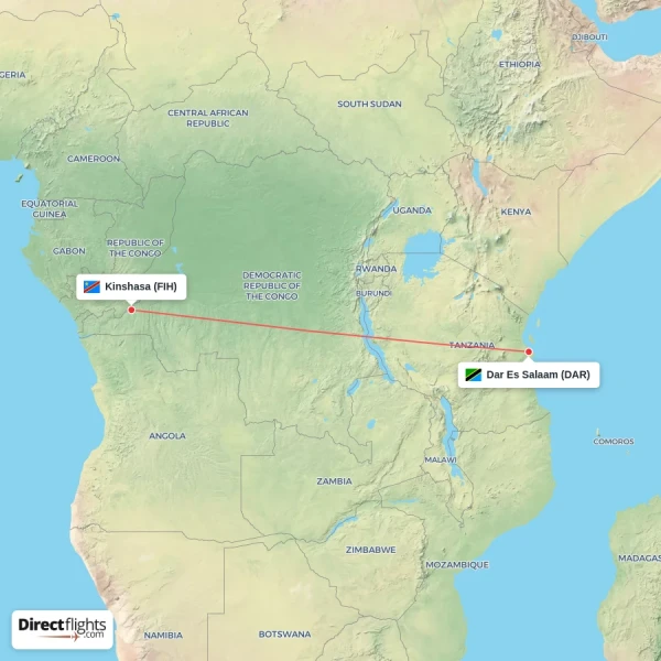 Dar Es Salaam - Kinshasa direct flight map