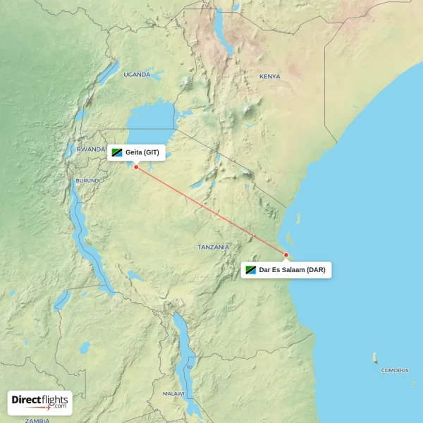 Dar Es Salaam - Geita direct flight map