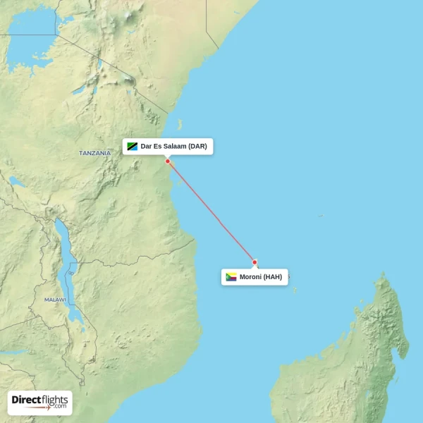 Dar Es Salaam - Moroni direct flight map