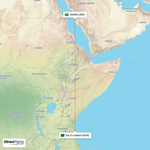 Dar Es Salaam - Jeddah direct flight map