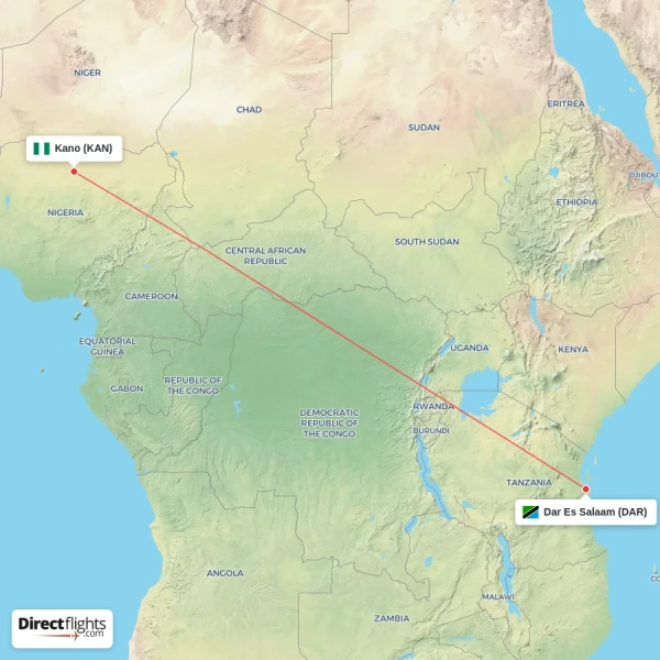 Dar Es Salaam - Kano direct flight map
