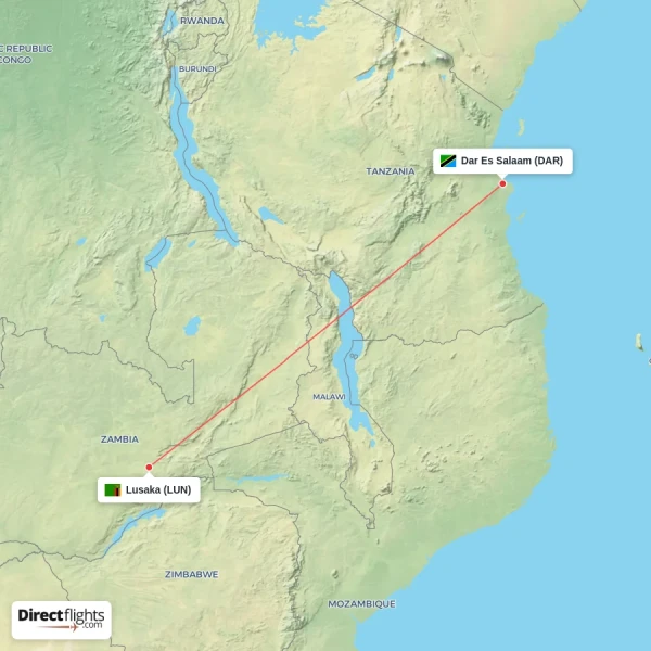 Dar Es Salaam - Lusaka direct flight map