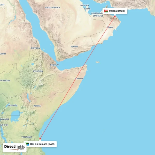 Dar Es Salaam - Muscat direct flight map