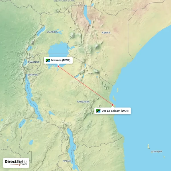 Dar Es Salaam - Mwanza direct flight map
