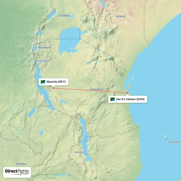 Dar Es Salaam - Mpanda direct flight map