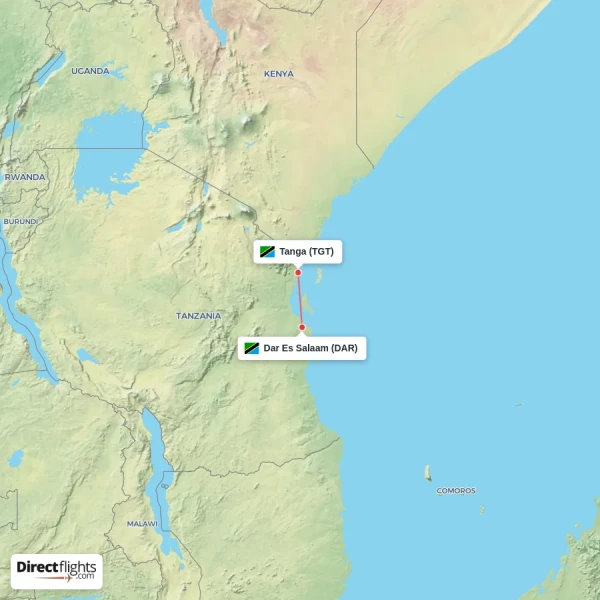 Dar Es Salaam - Tanga direct flight map