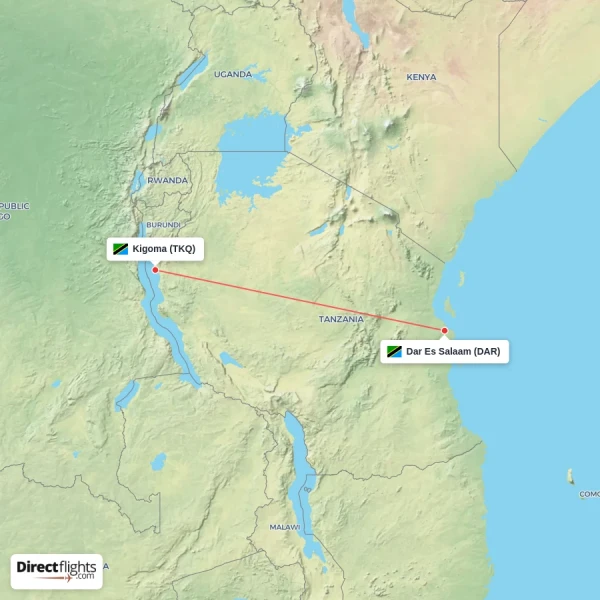 Dar Es Salaam - Kigoma direct flight map