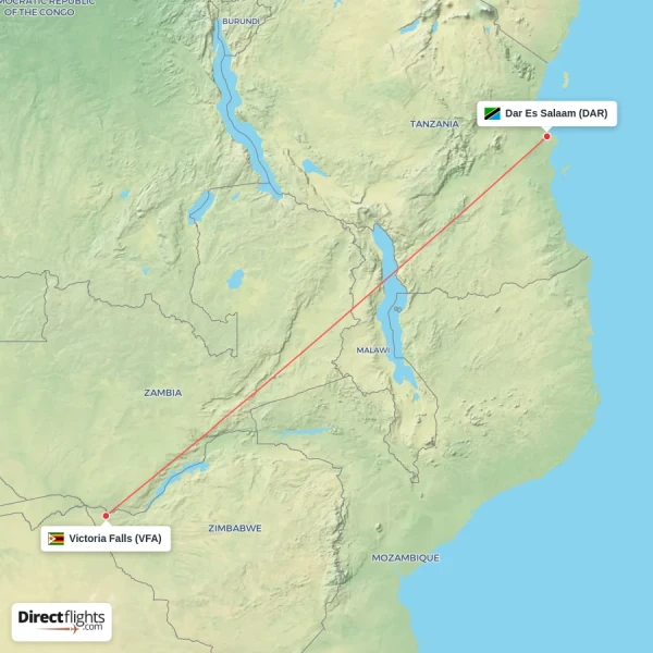 Dar Es Salaam - Victoria Falls direct flight map