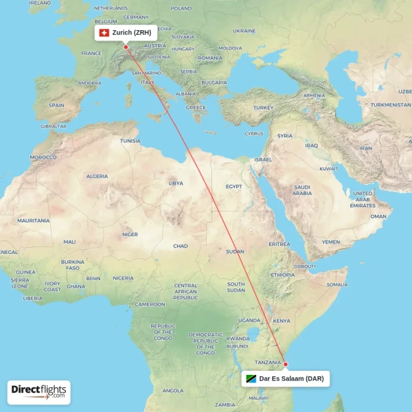Dar Es Salaam - Zurich direct flight map