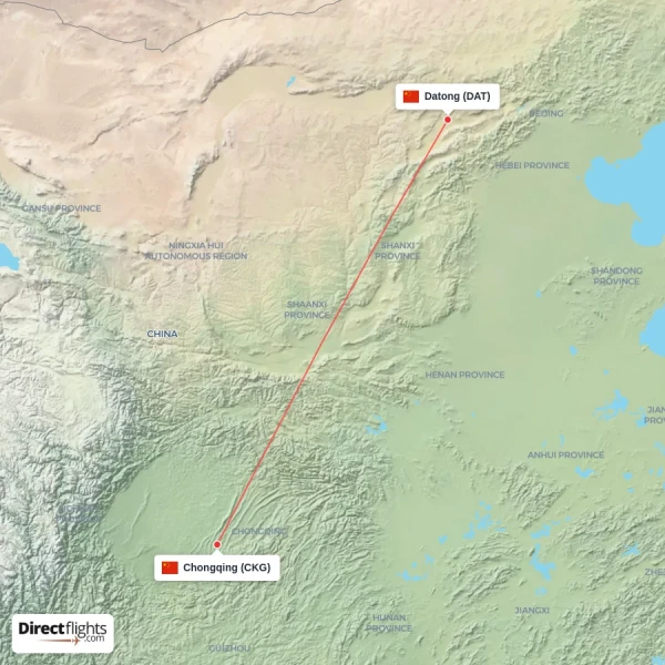 Datong - Chongqing direct flight map