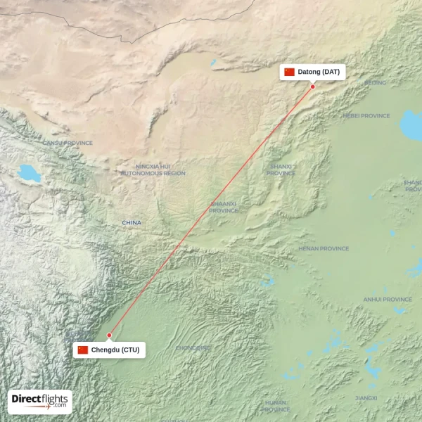 Datong - Chengdu direct flight map