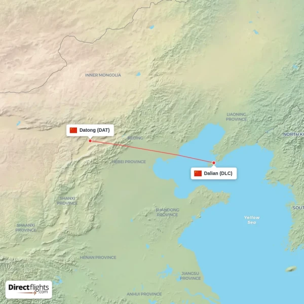 Datong - Dalian direct flight map