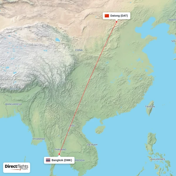 Datong - Bangkok direct flight map