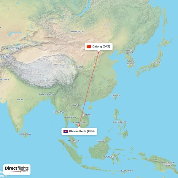 Datong - Phnom Penh direct flight map