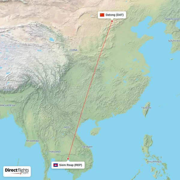Datong - Siem Reap direct flight map