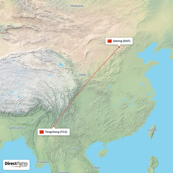 Datong - Tengchong direct flight map