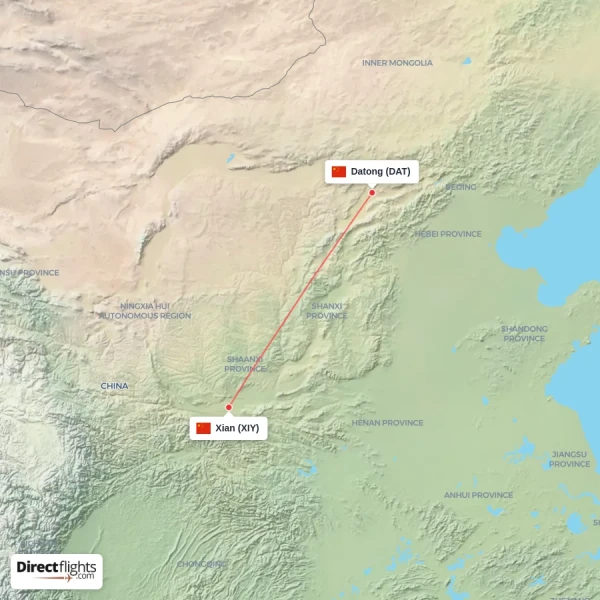 Datong - Xian direct flight map
