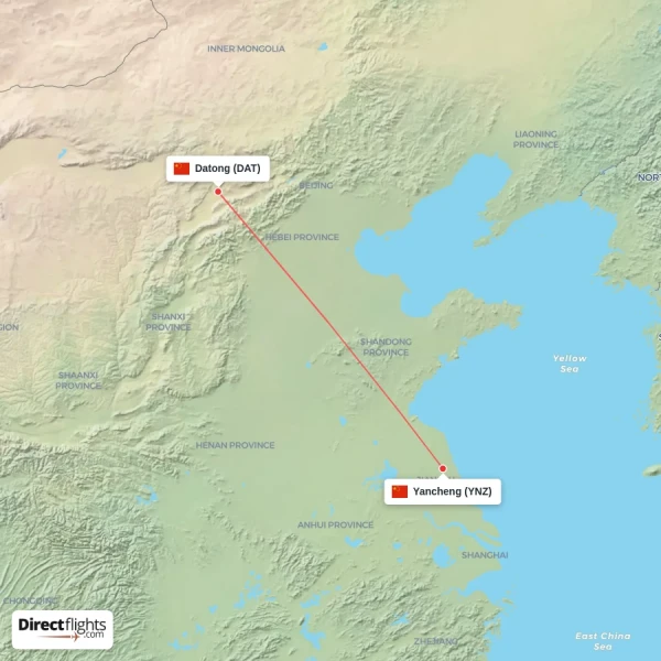 Datong - Yancheng direct flight map