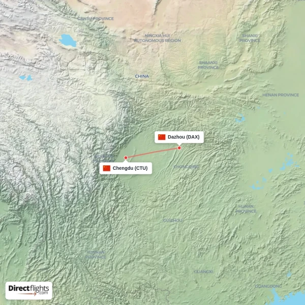 Dazhou - Chengdu direct flight map