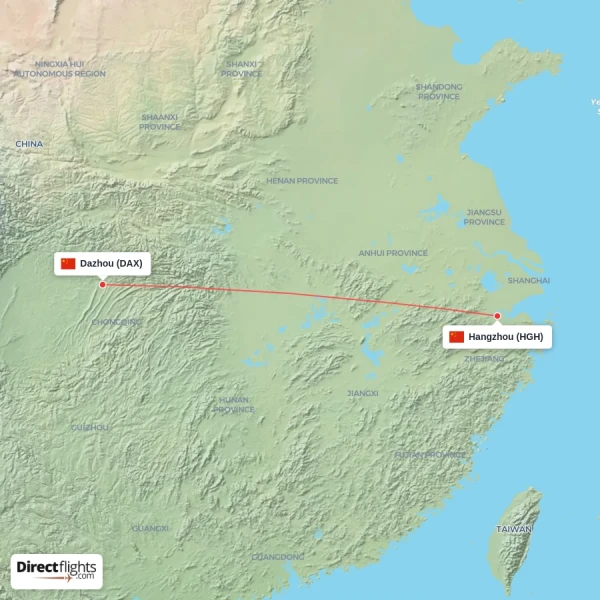 Dazhou - Hangzhou direct flight map