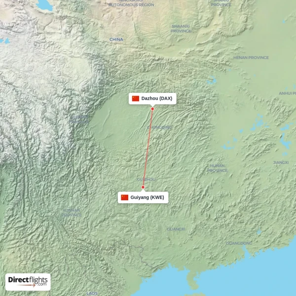 Dazhou - Guiyang direct flight map