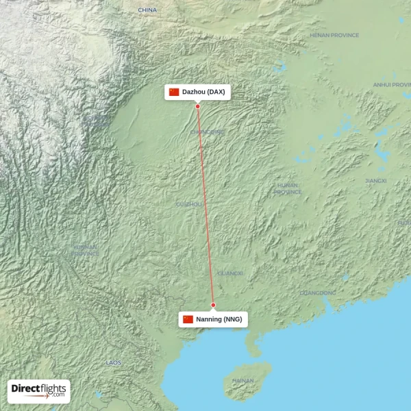 Dazhou - Nanning direct flight map