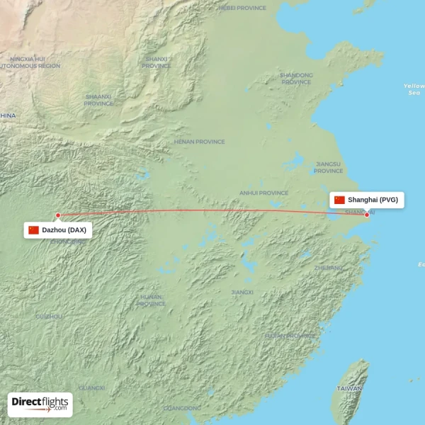 Dazhou - Shanghai direct flight map