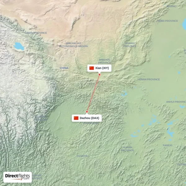 Dazhou - Xian direct flight map