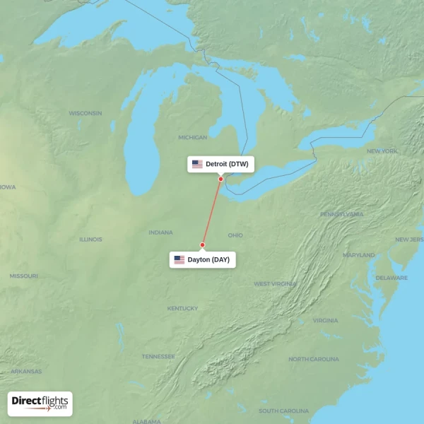 Dayton - Detroit direct flight map