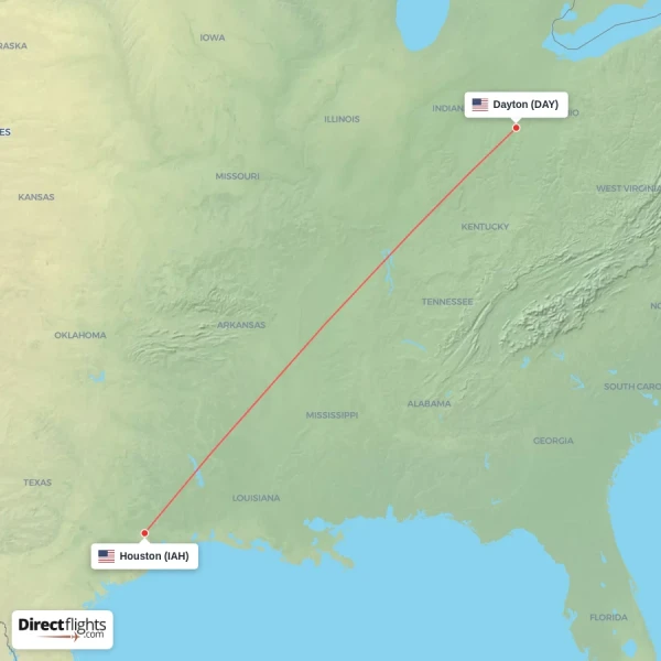 Dayton - Houston direct flight map
