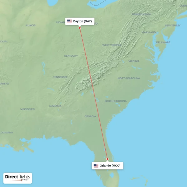 Dayton - Orlando direct flight map