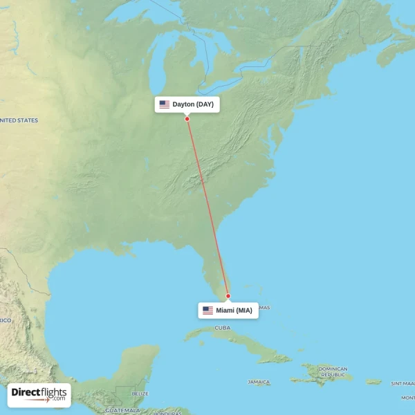 Dayton - Miami direct flight map