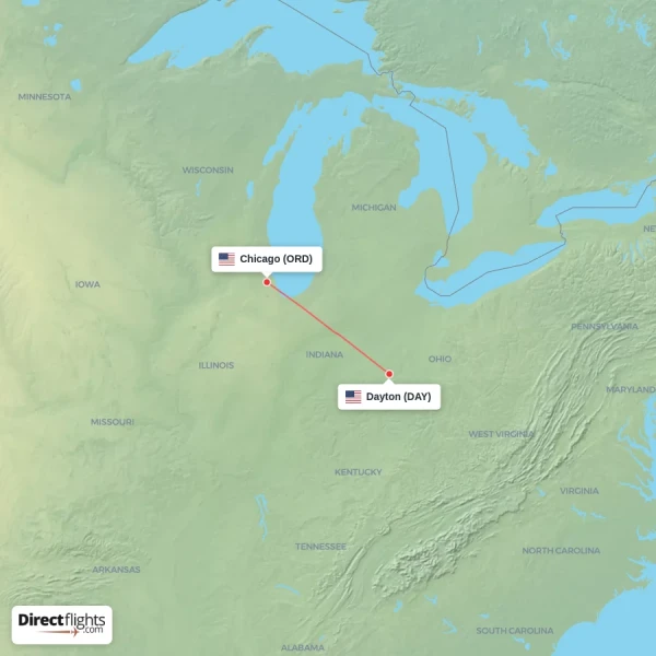 Dayton - Chicago direct flight map