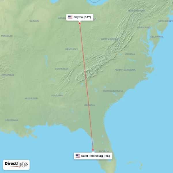 Dayton - Saint Petersburg direct flight map