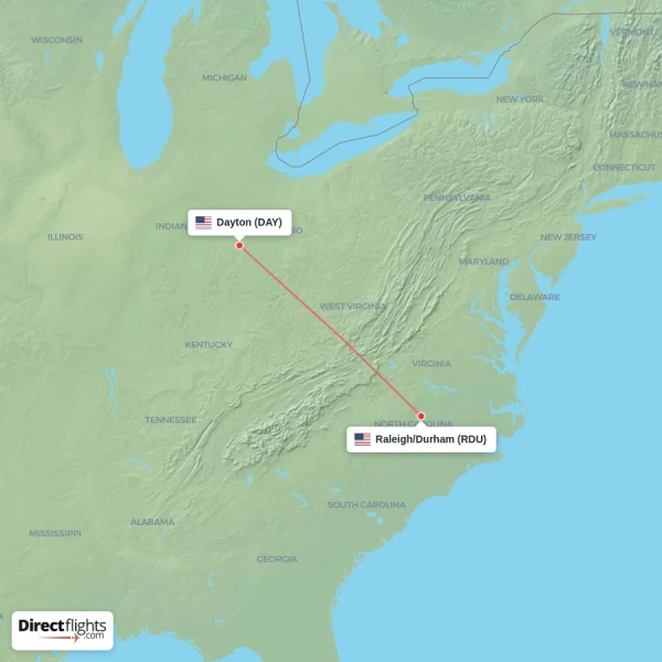 Dayton - Raleigh/Durham direct flight map