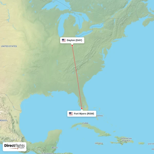 Dayton - Fort Myers direct flight map