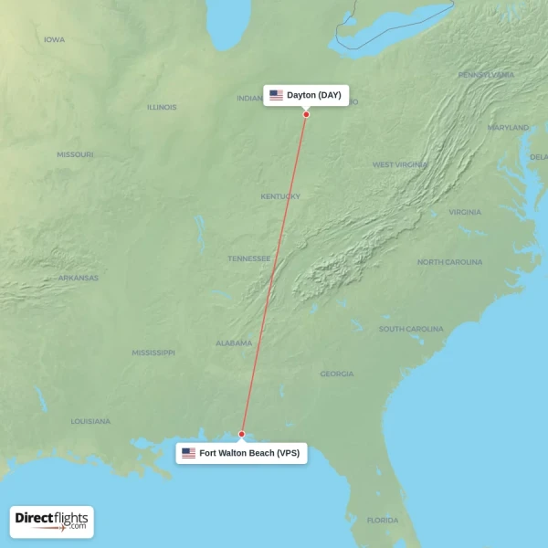 Dayton - Fort Walton Beach direct flight map