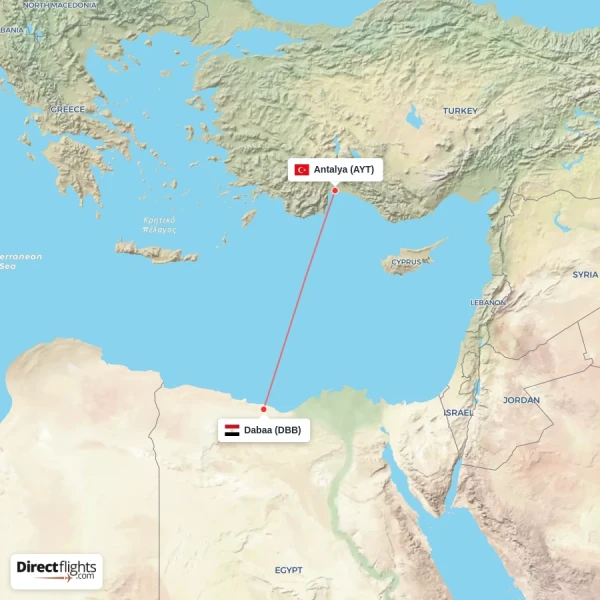 Dabaa - Antalya direct flight map