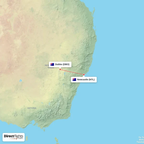 Dubbo - Newcastle direct flight map