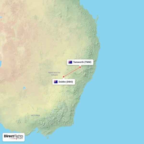 Dubbo - Tamworth direct flight map