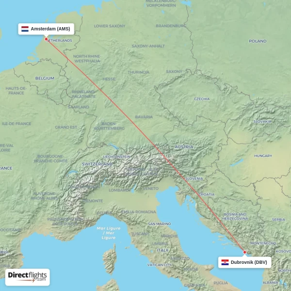 Dubrovnik - Amsterdam direct flight map