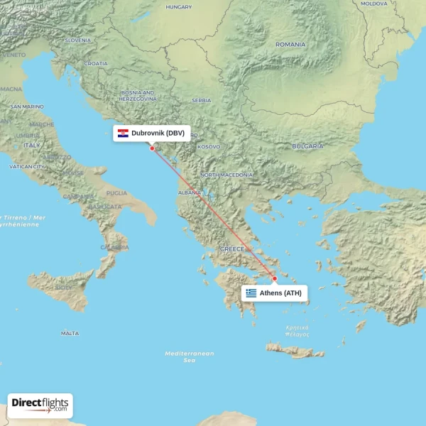 Dubrovnik - Athens direct flight map
